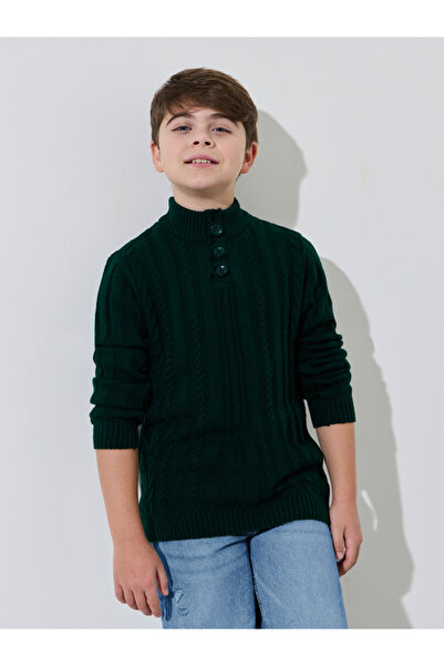 Styli Teen Boys Dark Green Cable Knit Long Sleeves High Neck Sweater