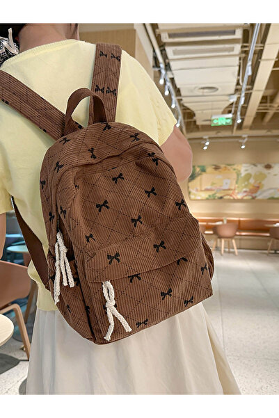 Take Two By Styli Brown Corduroy Mini Backpack with Bow Accent