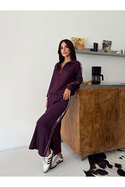 MERİDE Modal Kumaş Şeritli İkili Takım - 2474-Bordo