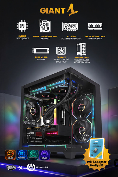 Gamers Arena Giant V1 RTX5060 AMD RYZEN 7 5700 16 GB DDR4 512GB M2 SSD 650W P...