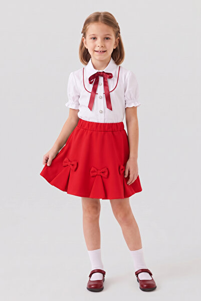 FATELLA Girls' Red Bowknot Red Piping Short Sleeve Shirt Red Ribbon Skirt Apr...