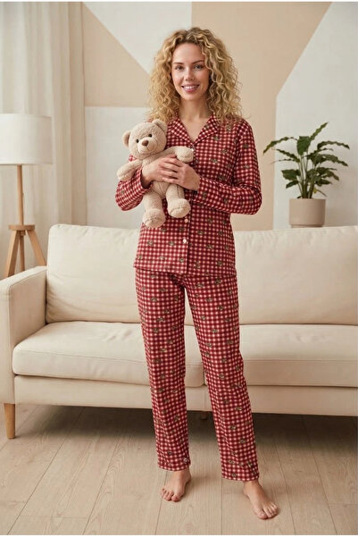 Pijamoni Women's Suede Fabric Front Buttoned Long Sleeve Pajama Set