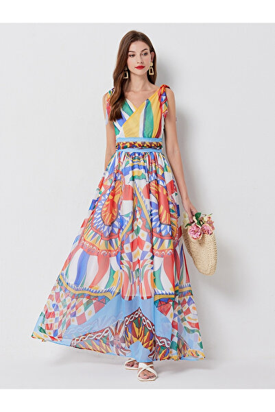 Take Two By Styli All Over Print Tie-Strap A-Line Maxi Dress