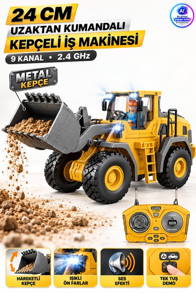 YILDIRIM OYUNCAK Uzaktan Kumandalı Kepçeli İş Makinesi 24cm – 9 Kanal 2.4 GHz Metal Kepçeli Sesli Işıklı Şarjlı Oyuncak