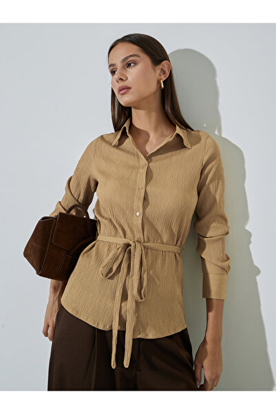 Styli Beige Solid Tie-Up Waist Long Sleeves Regular Fit Shirt