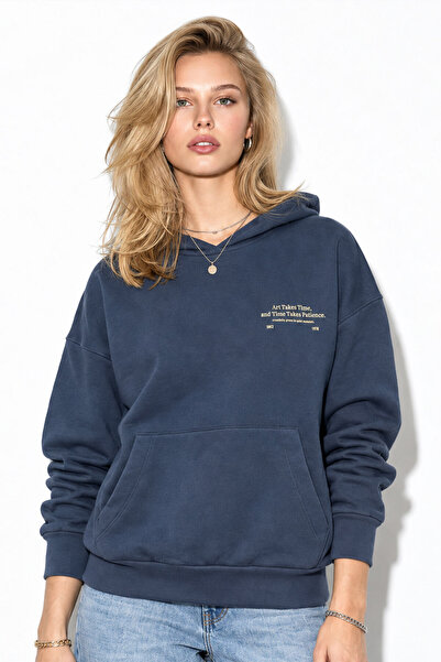 VENA Kadın Thinky Baskılı Sweatshirt %100 Pamuk-Navy