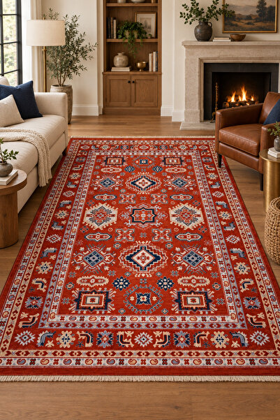 Sihirli Halı Zümre Otantik Anadolu Kilim Desenli Kırmızı Kaymaz Taban Salon O...