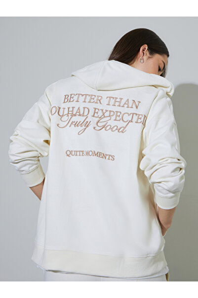 Styli Off White Embroidered Slogan Zip-Up Oversized Hoodie