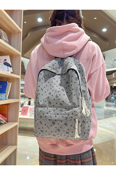 Take Two By Styli Grey Corduroy Backpack with Bow and Heart Print