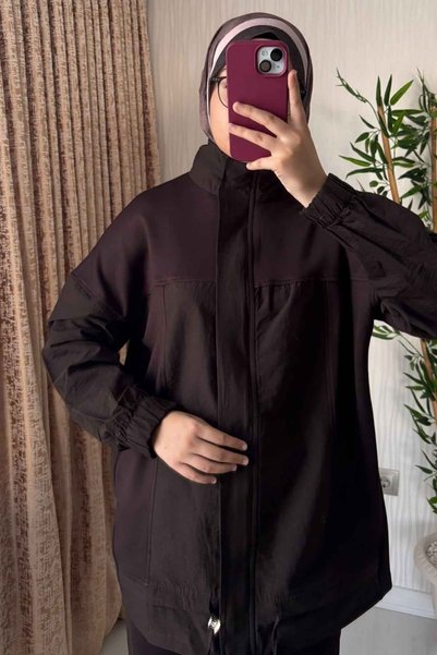 Hamra butik Nude Minimalist Blok Tasarımlı Fermuarlı İkili Takım-Kahve