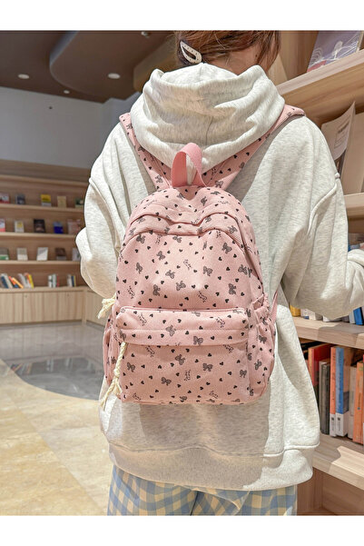 Take Two By Styli Pink Corduroy Backpack with Bow and Heart Print