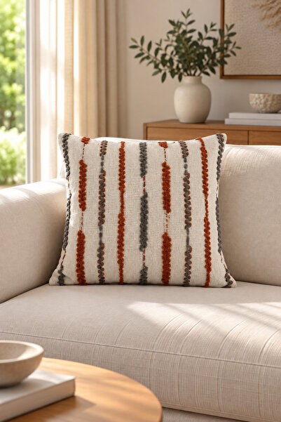 Linea Çizgili Dokuma Kırlent Kılıfı - Kiremit - 45x45 cm