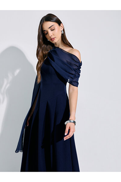 Styli Navy Blue Solid Cape Sleeves A-Line Midi Dress