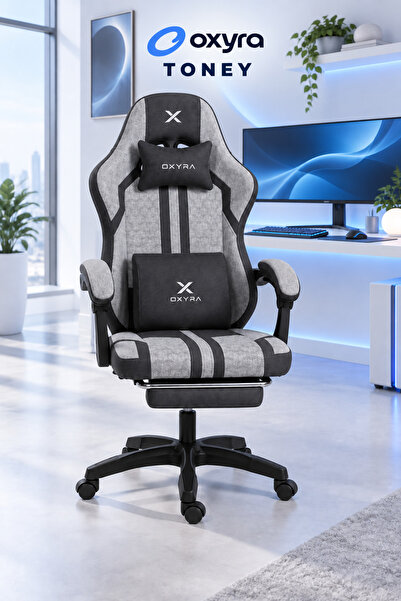OXYRA Toney Premium Ergonomik Terletmez Kumaş | Ayak Destekli Gri Oyuncu Koltuğu