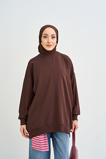 LOCCO Kadın Bisiklet Yaka Oversize Sweatshirt Kahverengi