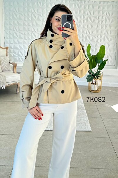 İnce Topuk Buttoned Short Trench Coat 7K082