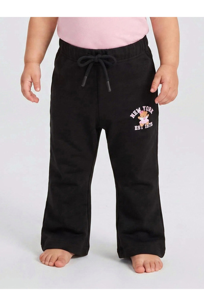 Styli Baby Girl Black Graphic Print Drawstring Straight Leg Joggers