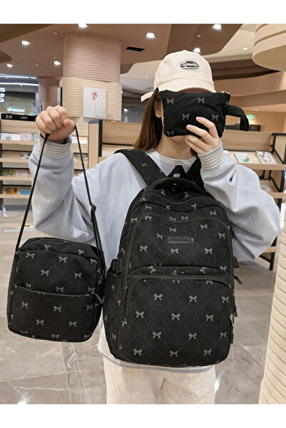 Take Two By Styli 3-Piece Corduroy Bow Pattern Backpack Set