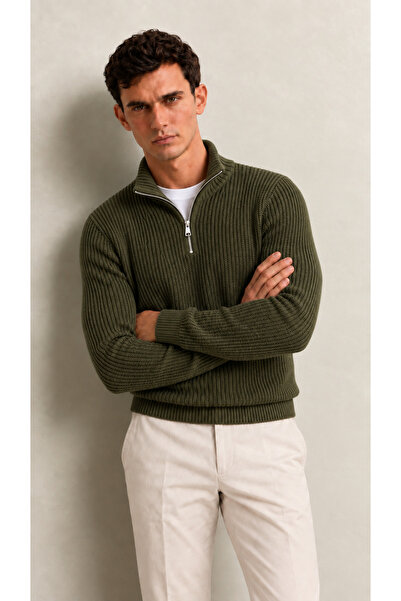 viyamen Men's Half Zipper Mock Neck Corded Fabric Slim Fit Knitwear Sweater