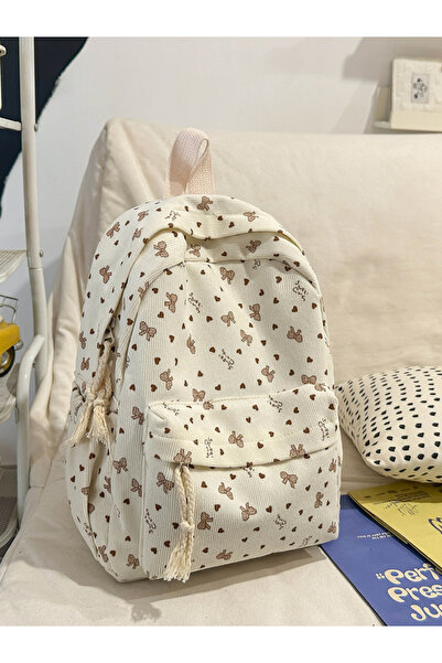Take Two By Styli OffWhite Corduroy Backpack with Bow and Heart Print