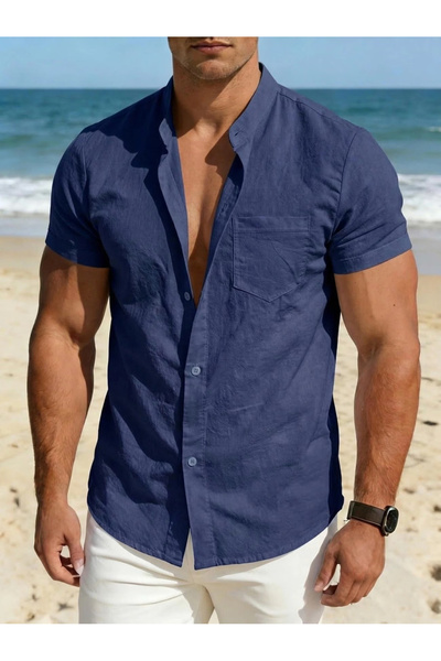 Take Two By Styli Dark Blue Plain Resort Shirt