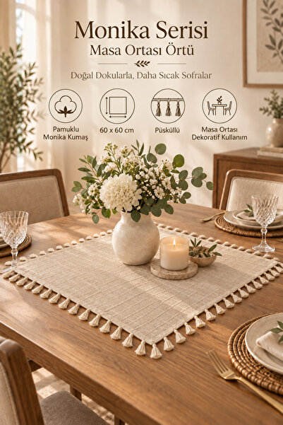 Morlay Pamuklu Monika Masa Ortası Örtüsü 60x60 cm – 4 Tarafı Püsküllü Kare Dekoratif Örtü