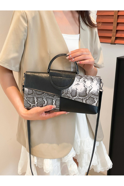 Take Two By Styli Silver Snake Print Patchwork Sling Bag with Ring Handle