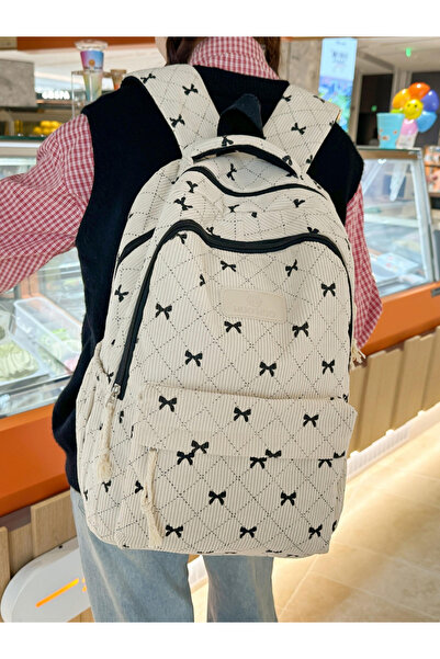 Take Two By Styli White Corduroy Bow Backpack