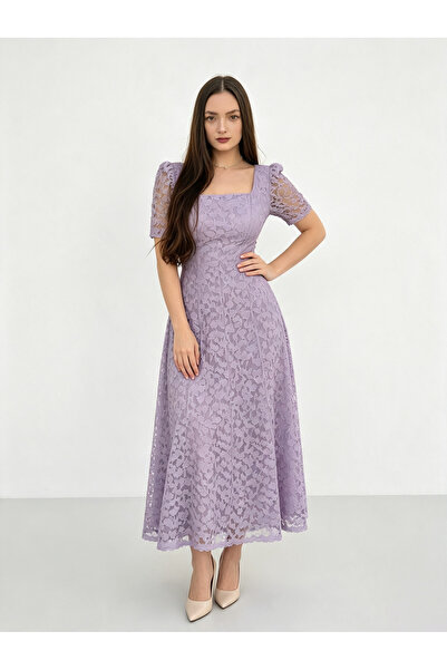 Take Two By Styli Purple Square Neck Puff Sleeve Lace Midi Dress