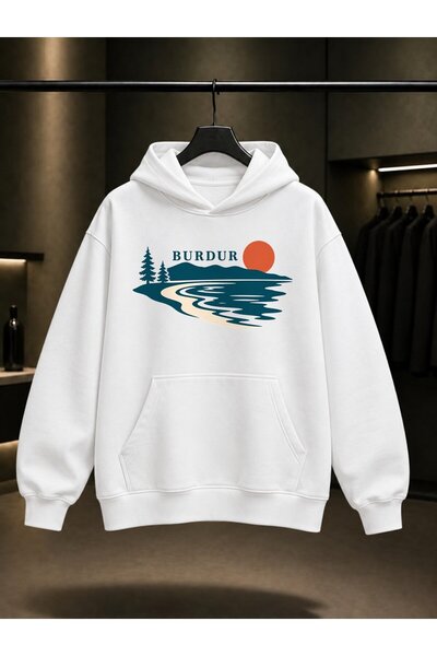 fame-stoned Burdur Salda Lake Printed Unisex 100% Cotton Hooded Sweatshirt