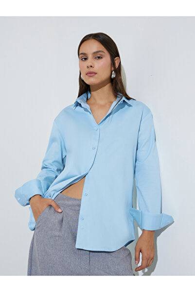 Styli Blue Solid Longlined Long Sleeves Oversized Shirt