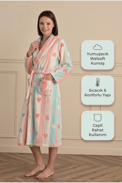 Sevim Women's Long Sleeve Welsoft Blue-Pink Long Dressing Gown C8T7N281