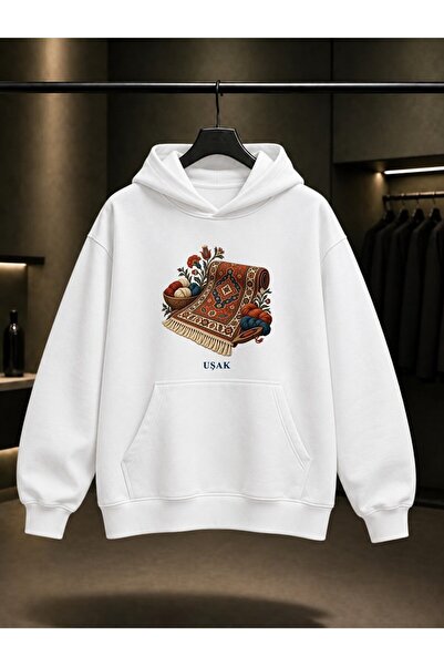 fame-stoned Uşak Halısı Printed Unisex 100% Cotton Hooded Sweatshirt