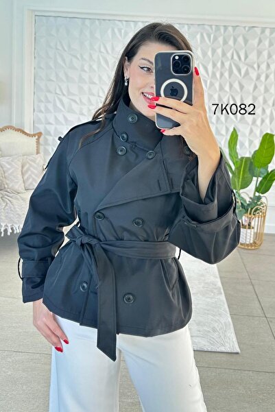 İnce Topuk Buttoned Short Trench Coat 7K082