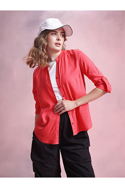 DressBerry By Styli Womens Pink Long Sleeve Mandarin Collar Shirt