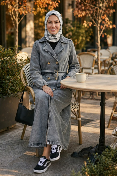 Hb Harma Time Butik معطف نسائي رمادي اللون بحزام وأزرار وجيوب