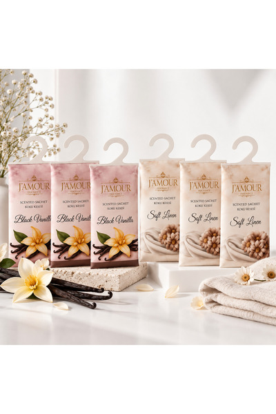 J'AMOUR EAU DE PARFUME 3'lü Paket Soft Linen + 3'lü Black Vanilya Asklı Dolap...