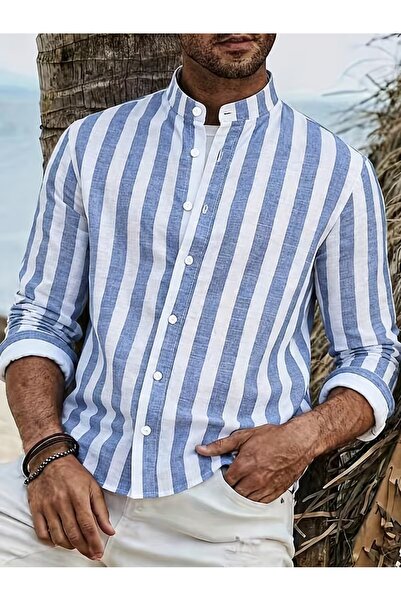 Take Two By Styli Blue Striped Stand Collar Shirt