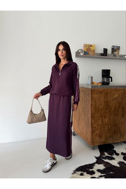 MERİDE Modal Fabric Striped Double Suit - 2474-Burgundy
