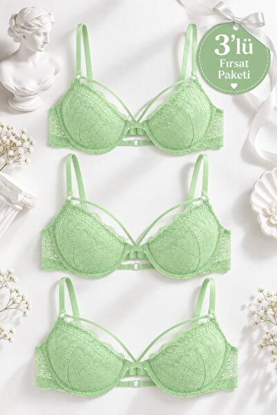 Wonna 3-Piece Women's Lace Padded Bra Set - Adjustable Straps - Green