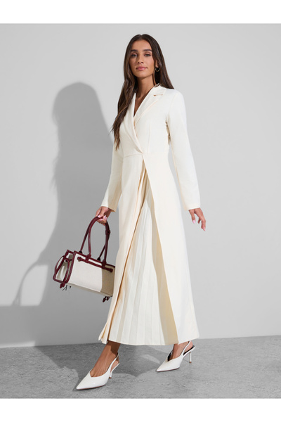 Styli Cream Solid Collared Blazer Maxi Dress with Pleated Details