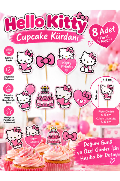 Hello Kitty Cupcake Kürdanı 8’li – Doğum Günü Pasta ve Parti Süsü