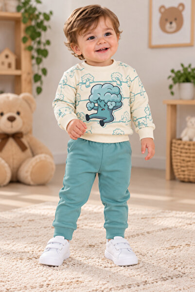 SERPİL Baby Boy Broccoli Patterned 2-Piece Set – Crew Neck Sweatshirt and Jog...