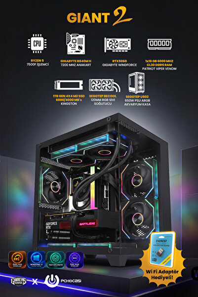 Gamers Arena Giant V2 RTX5060 AMD RYZEN 5 7500F 16 GB DDR5 1 TB M2 SSD 650W P...