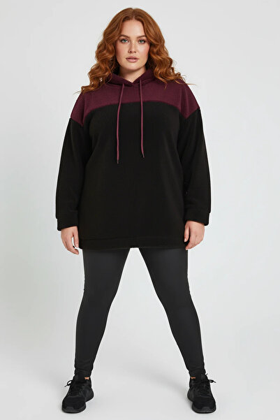 Shape Of You Büyük Beden Renk Bloklu Peluş Kapüşonlu Sweatshirt