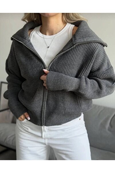 FLEX FASHION kadın esnek örgü fermuarlı devrik yaka yumoş triko hırka füme