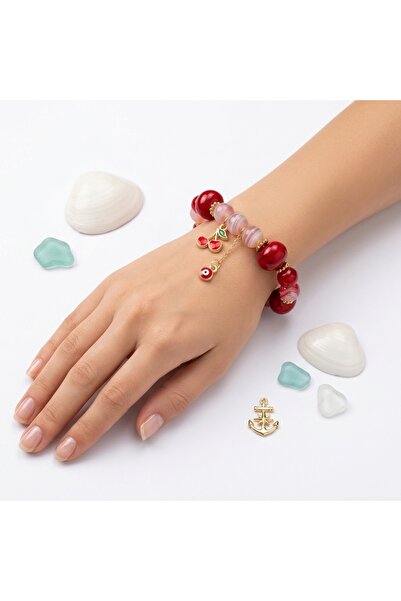 SEVA'S BİJUTERİ Women's Cherry and Evil Eye Bead Pendant with Red Stone - Gol...
