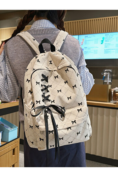 Take Two By Styli White Corduroy Bow Backpack