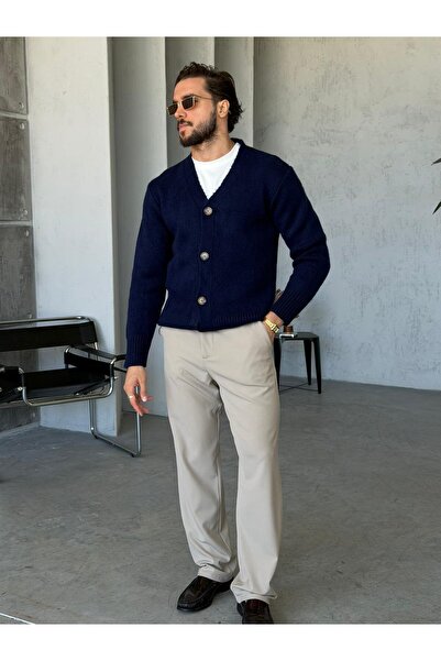 FO4RBS Buttoned Knitted V-Neck Cardigan m - Dark Blue