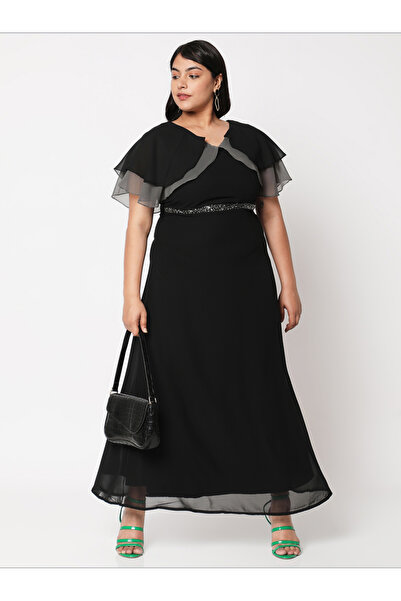 Mish By Styli Solid Layered Detail Flared Maxi Dress with Embroidered Waist